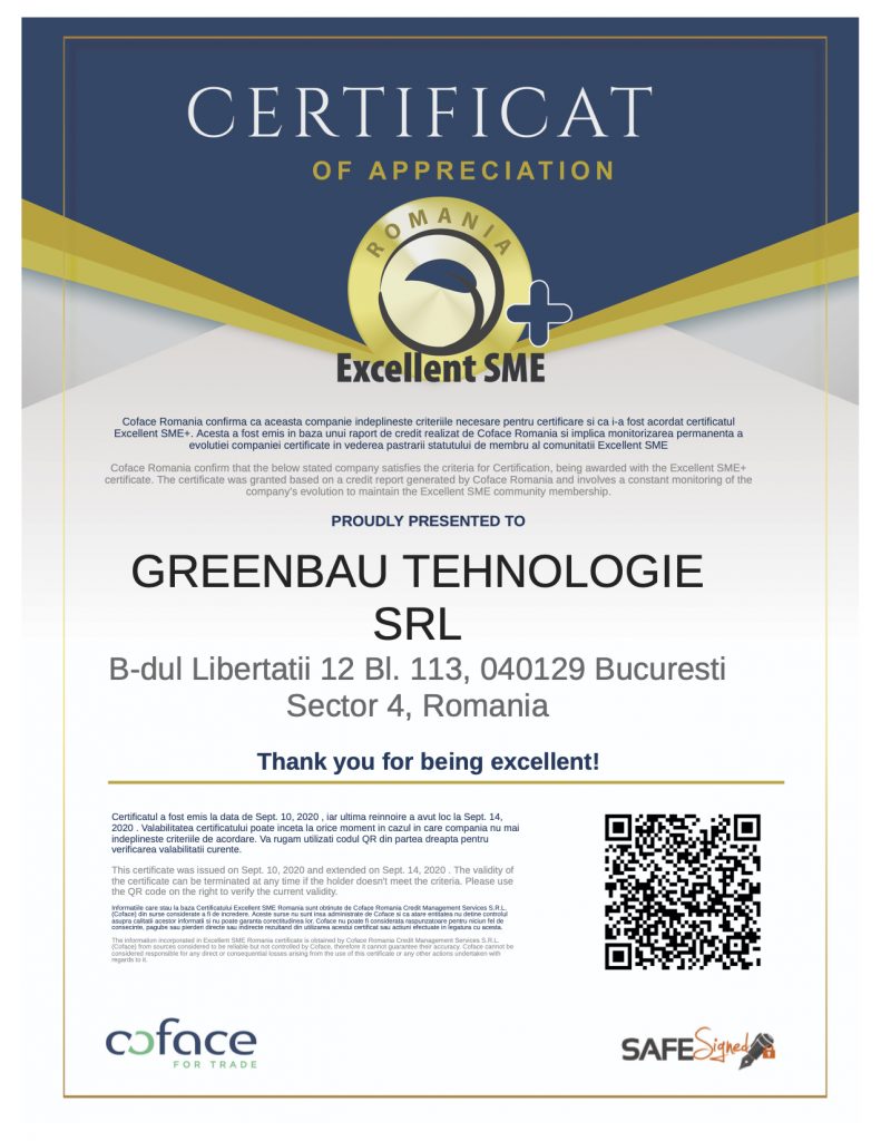 Certifcat Excellent SME - GreenBau Tehnologie SRL